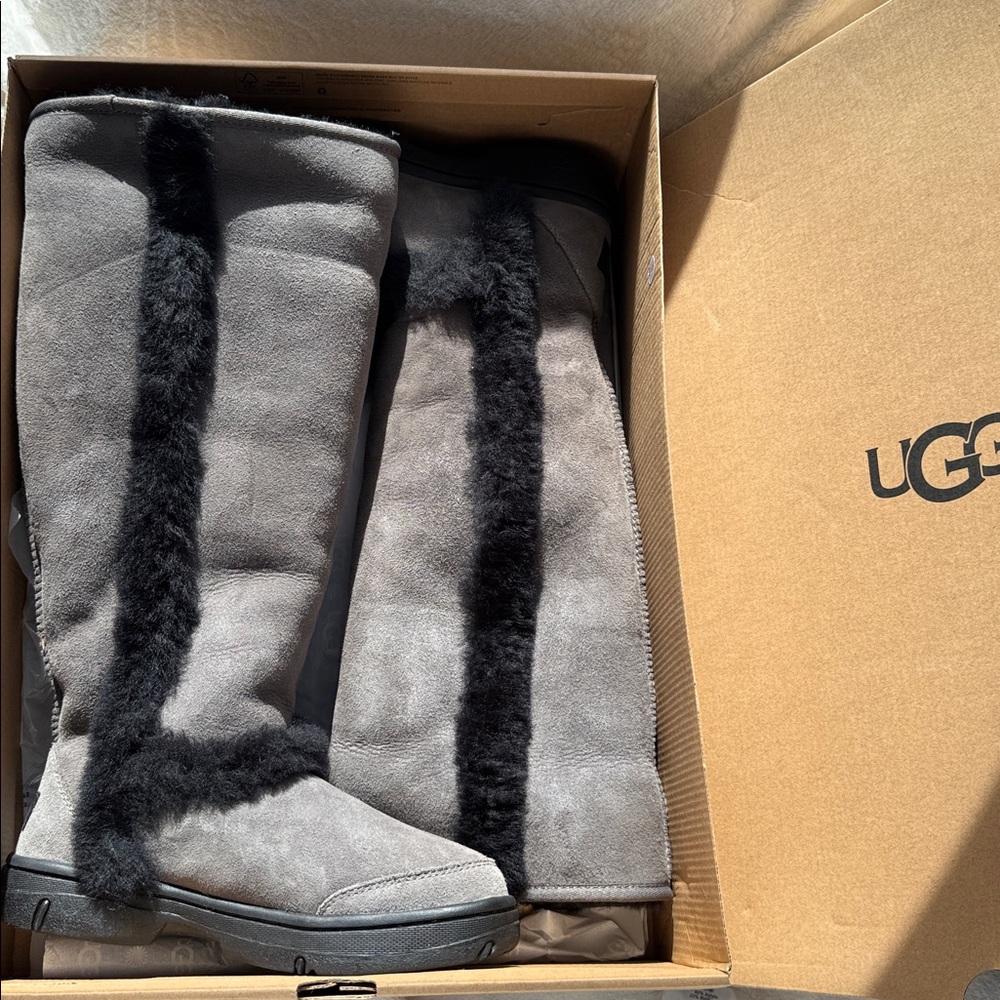 UGG Charcoal Boots with Black Fur Accent